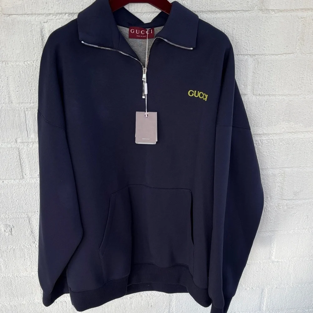 Gucci Logo Patch Knitted Scuba Embroidered Blue Half Zip Sweatshirt sz L